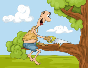 Funny and  not very clever cartoon man is sawing a tree brunch he is sitting on