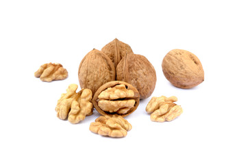 Several walnuts isolated on white background