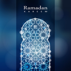 Ramadan card. Ornamental mosque window with bokeh lights. Invitation for muslim holy month Ramadan Kareem. Vector illustration