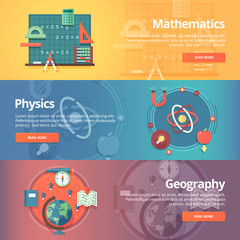 Elementary mathematics. Basic math. Physics subject. Geography science. School subjects. Education and science banners set. Vector design concept.