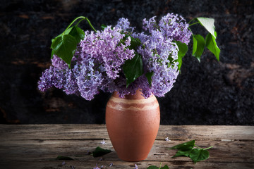 bouquet of lilac in a vase of different colors on the background of wooden walls dark colours
