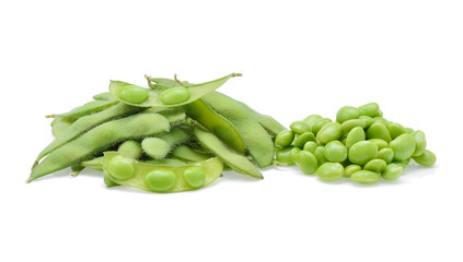 green soybeans on white background