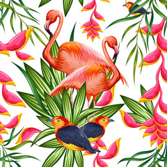 Seamless Pattern with Exotic Tropical Flower and colorful bird