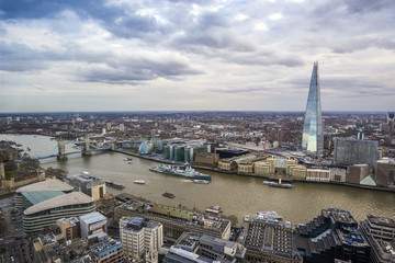 London, England - Skyline view of London with Tower Bridge, HMS Belfast and other famous landmarks