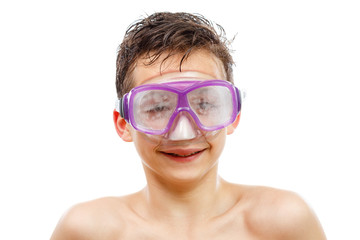 Boy diver in swimming mask with a happy face close-up portrait, isolated on white