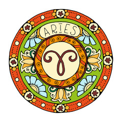 Zodiac signs theme. Mandala with aries zodiac sign. Zentangle inspired mandala. Hand drawn tribal mandala horoscope symbol for tattoo art, printed media design, stickers, etc. 