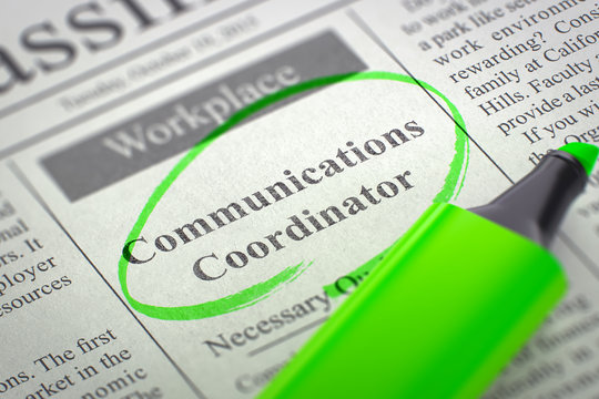 A Newspaper Column in the Classifieds with the Jobs of Communications Coordinator, Circled with a Green Marker. Blurred Image. Selective focus. Concept of Recruitment. 3D Render.