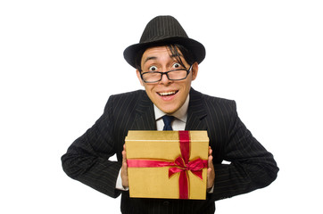 Funny man with giftbox on white