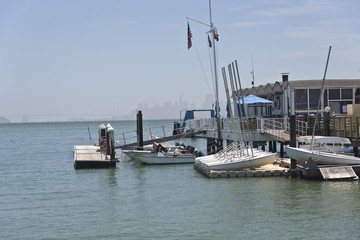 Restaurant and boats docks in Sausalito California.