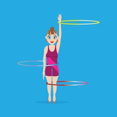 vector illustration. girl gymnast rotates hoops on hand, waist, legs