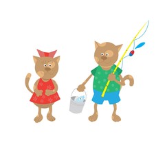 vector illustration. cat comes back from fishing, he meets a cat. Cartoon