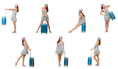 Travelling woman with suitcase isolated on white
