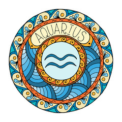 Zodiac signs theme. Mandala with aquarius zodiac sign. Zentangle inspired mandala. Hand drawn tribal mandala horoscope symbol for tattoo art, printed media design, stickers, etc. 