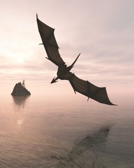 Naklejka premium Dragon Flying Low Over the Sea at Evening - fantasy illustration