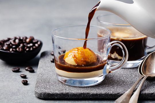 Affogato coffee with ice cream on a glass cup