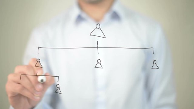 Hierarchy, Concept,  Man writing on transparent screen