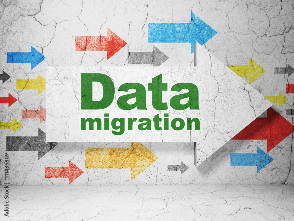Poster information concept: arrow with data migration on grunge wall background