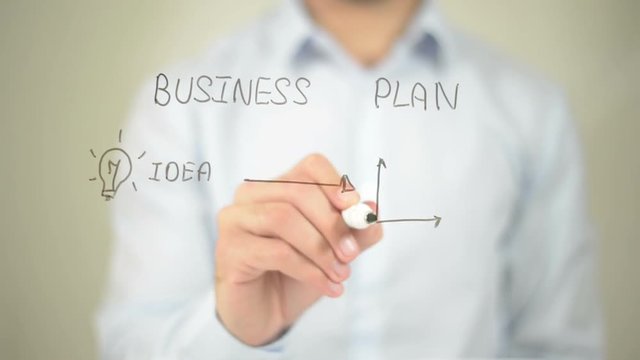 Business Plan Concept,  Man writing on transparent screen