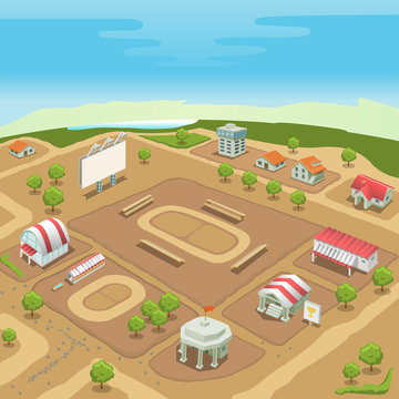 Isometric sport village. Hippodrome and stadium. Vector illustration.