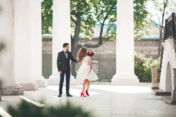 Beautiful couple, bride and groom posing near big white column