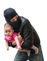 Thief is stealing kidnapped baby. Children kidnapping concept. Isolated on white background.