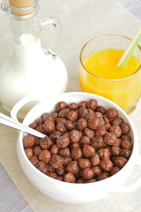 Chocolate, grain balls and milk on the paper