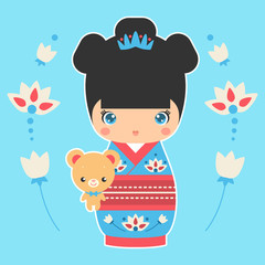 Vector illustration of Japanese Kokeshi Doll with teddy-bear. Print for t-shirt, elements for card design. Baby art