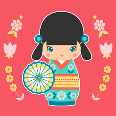 Vector illustration of Japanese Kokeshi Doll with umbrella. Print for t-shirt, elements for card design. Baby art