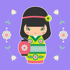 Vector illustration of Japanese Kokeshi Doll with lantern. Print for t-shirt, elements for card design. Baby art