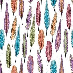 Feather seamless pattern. Vector ornamental background with bird feathers