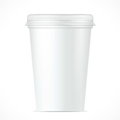 White Food Plastic Tub Bucket Container For Dessert, Yogurt, Ice Cream, Sour Cream Or Snack. Illustration Isolated On White Background. Mock Up Template Ready For Your Design. Product Packing 