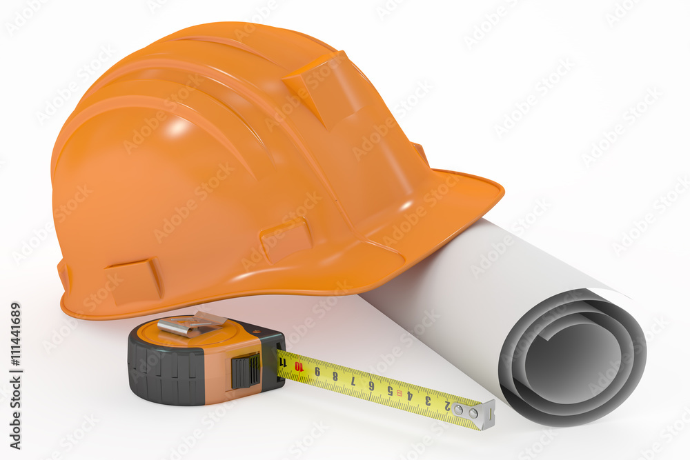 Poster hard hat with blueprint and measuring tape, 3d rendering