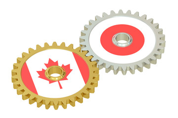 Canadian and Japanese flags on a gears, 3D rendering