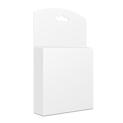 White Product Package Box With Hang Slot. Blank On White Background Isolated. Mock Up Template Ready For Your Design. Product Packing Vector EPS10