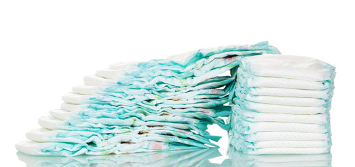 Pile of children's disposable diapers isolated on white background.