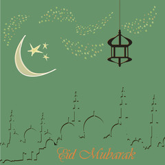 Creative greeting card design for holy month of muslim community festival Eid Mubarak with moon and hanging lantern, stars on background.