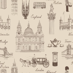 London landmark seamless pattern. Doodle travel Europe sketchy lettering. Famous architectural monuments and symbols. England vintage icons vector textured background