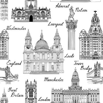 London landmark seamless pattern. Doodle travel Europe sketchy lettering. Famous architectural monuments and symbols. England vintage icons vector textured background