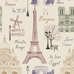Travel Paris seamless pattern. Vacation in Europe wallpaper. Travel to visit famous places of France background. Landmark tiled grunge pattern.