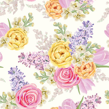 Spring bouquets on the white background. Vector seamless pattern with delicate flowers. Rose, lilac, tulip, matthiola. Pastel yellow, pink, serenity colors.