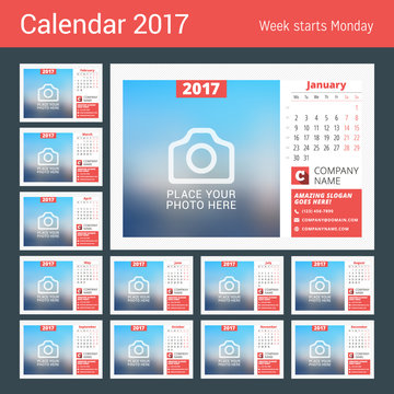 Desk calendar for 2017 year. Vector print template with place for photo. Week starts Monday. Calendar page. Stationery design