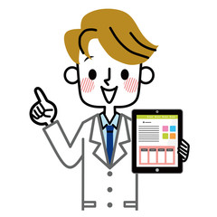 白衣の男性　タブレット
