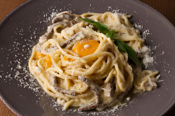 Pasta Carbonara on white plate