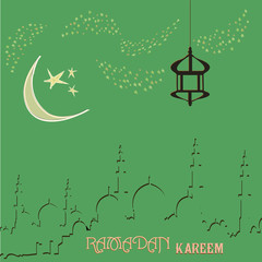 Creative greeting card design for holy month of muslim community festival Ramadan Kareem with moon and hanging lantern, stars on background.