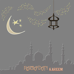 Creative greeting card design for holy month of muslim community festival Ramadan Kareem with moon and hanging lantern, stars on background.