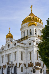 Imposing façade of the Cathedral of Christ the Savior in Moscow