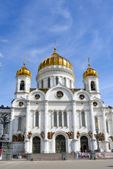 Imposing façade of the Cathedral of Christ the Savior in Moscow, Russia