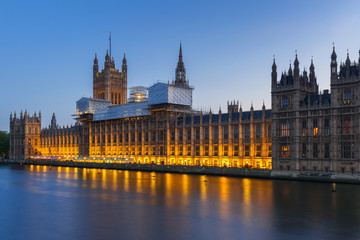 Palace of Westminster in London at night, UK