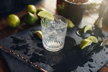 Gin and tonic drink served on black board - obrazy, fototapety, plakaty