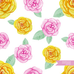 Watercolor hand drawn and painted seamless pink and yellow rose pattern. Vintage flower design for greeting cards an wedding invitations.